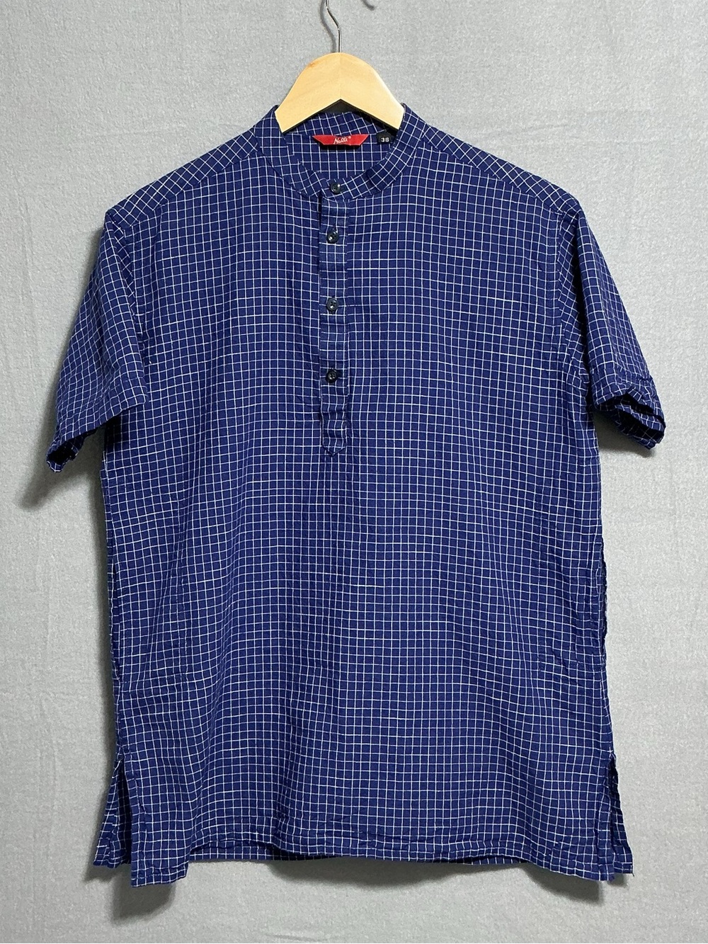 Nalli Men’s 38 Blue Windowpane Check Mandarin Collar Short Sleeve Shirt